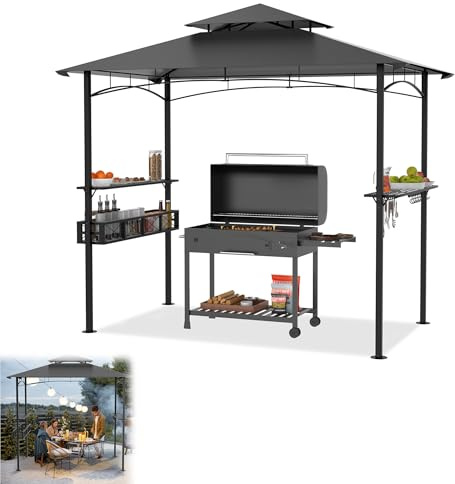 YRHome 2.4x1.5m Grillpavillon Grau BBQ Grillüberdachung mit Doppeldach, 2 Seitenregalen Metallkorb & Haken Wetterfeste Gartenlaube BBQ-Gazebo-Überdachung für Außengrill Party Grillunterstand