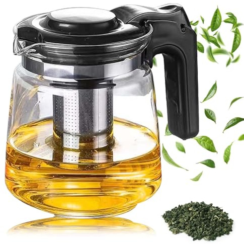 Glaskanna med sil, 1,6 liter premium tekanna lock, värmebeständig rostfritt stål tesil finmaskigt filter siktinsats handtag