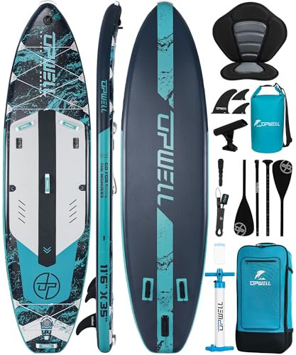 UPWELL 350x89x15cm Extra Breites Aufblasbares Stand Up Paddling Board zum Angeln, Stand Up Paddle Board mit Sitz, 2+1 Sup Paddle Boards für Erwachsene, Atlantic