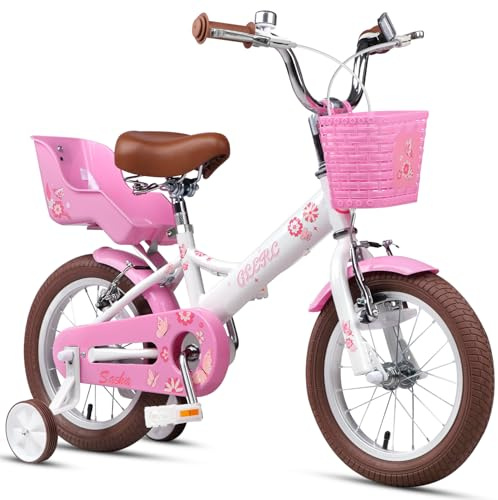 Glerc 14 Zoll Mädchen-Kinderfahrrad für Kinder von 3 4 5 Jahren mit Stützrädern, Puppensitz und Korb, Weiß