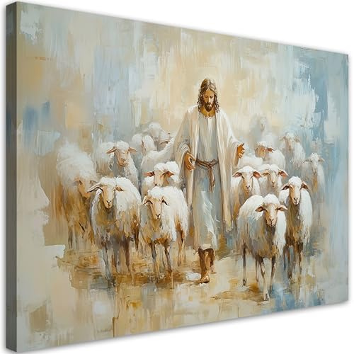 Feeby Bilder - Foto Geschenk - Jesus der gute Hirte - 60x40 1tlg - Leinwandbilder Wohnzimmer - Wandbild über dem Bett - Bild Schlafzimmer - Aesthetic Zimmer Deko - Modern Pictures
