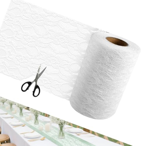 Tischläufer Spitze Weiß für Hochzeit Taufe Festliche Dekoration（15CM x 25M） | Spitzenstoff Deko Tischläufer Abwaschbar mit Weicher Stoff