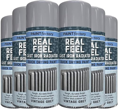 Textured Cast Iron Grey Spray Paint, Heat Resistant Matte Finish for Radiators, Metal, Wood, Plastic, Glass, Quick Drying, Durable Indoor Outdoor Use, Industrial Look Aerosol Can, 400ml (PACK OF 6)
