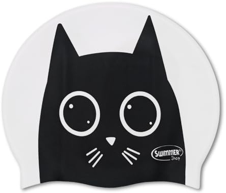 Cuffia Nuoto Piscina in Silicone Bianca con Gatto Stilizzato – Unisex Adulto Uomo, Donna e Bambino, Resistente al Cloro, 3 Differenti Versioni