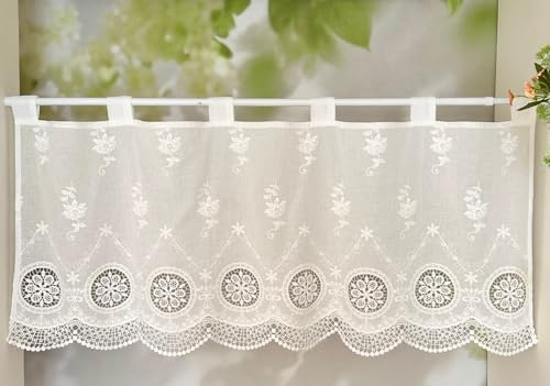 Jeeman Baumwoll Scheibengardine Lochstickereien Kurz Küchengardine Retro | Weiß H45xB90cm 1 Stück floraler Spitzenstickerei Halbtransparent Bistrogardine Landhausstil Kurzstores Schlaufen