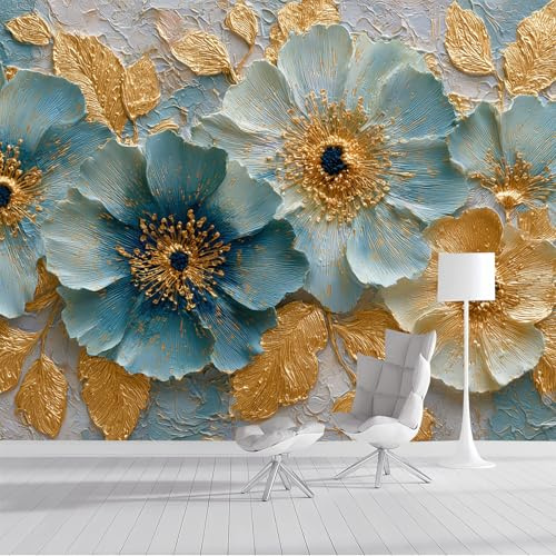 Murales de Pared Estambres De Lámina De Oro Papel Tapiz Flores Texturizadas En 3D Papel Pintado de Seda Gris Azulado Fotomural Murales de Decorativos para Dormitorio, Salón, Oficina, Hotel 150x105cm