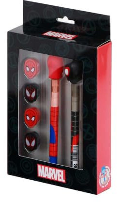 Marvel Spiderman Peter-Set mit Radierbarer Gelstift + Ewiger Bleistift + 4 Radiergummis, Schwarz, 14 x 23 cm