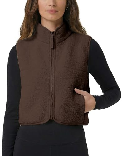 CUBRIDGE Cropped Fleece Vest Women Zip Up Stand Collar Warm Sherpa Vest Fall Cute Sleeveless Fleece Waistcoat with Pocket(Brown,M)
