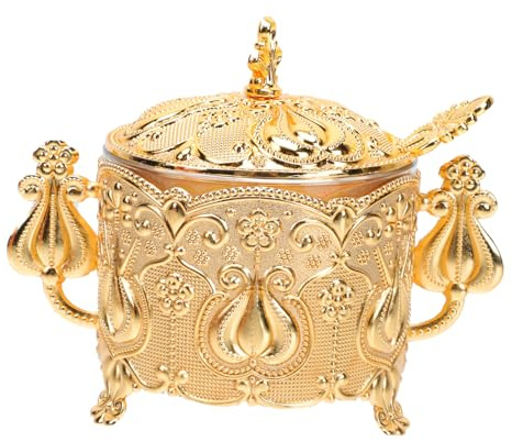 BESPORTBLE Azucarero Metálico Vintage con Cuchara Tarro Decorativo para Azúcar y Especias Resistente y Elegante para Cocina y Comedor Estilo Europeo Dorado