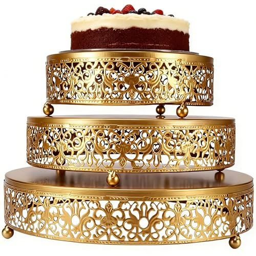 Houbobo 3 PCS Cake Stand, Metal Dessert Round Table Display Stands Set-8/10/12 Inch, Gold Cake Display Serving Tower for Birthday Party Baby Shower Engagement Wedding Anniversary (Gold)