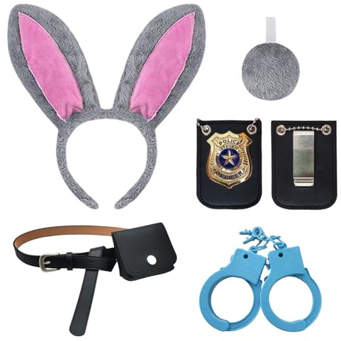 Orizizhic Costume de lapin, accessoire de costume d'officier de lapin avec oreilles de lapin et queue jouet, menottes, badge de police, ceinture avec pochette en cuir, déguisement pour Pâques