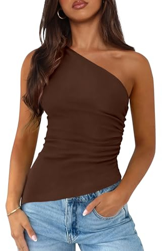 PRETTYGARDEN Womens 2026 Summer Y2K Tops Sleeveless One Shoulder Slim Fit Shirts Ruched Knit Asymmetrical Top Blouse (Brown,Medium)