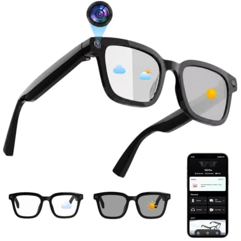 GenXenon Smart Glasses con Fotocamera, Occhiali con Fotocamera 8 MP 1200P, AI Glasses con Porta USB-C, Audio Aperto con Doppio Microfono, Supporto per Foto, Video, Audio e Riconoscimento Oggetti AI