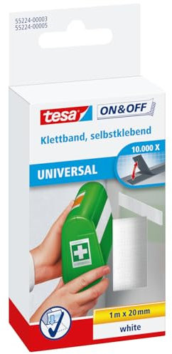tesa On & Off Klettband zum Aufkleben - Selbstklebendes Klettklebeband zur Befestigung leichter Gegenstände - Weiß, 2 cm x 100 cm