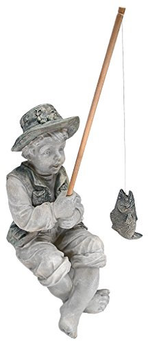 Design Toscano Frederic il piccolo pescatore di Avignone Ragazzo che pesca Statuetta da giardino, poliresina, pietra bicolore, 38 cm