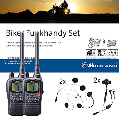 Midland G9 Pro Biker Set C923.S1, 2 x G9 Pro Funkgeräte mit Headsets für Helme, wasserfeste Walkie Talkies mit Notruftaste, 1800 mAh Akkus, 18 Stunden Akkulaufzeit, 12 km Reichweite