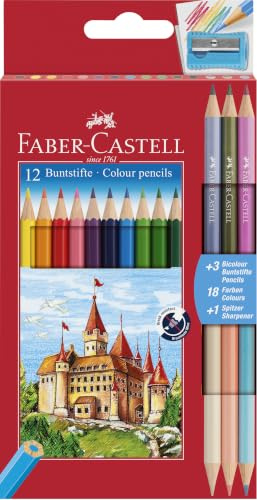 FABER-CASTELL - Buntstifte Set 15-teilig mit Bicolour Stiften | Bruchsichere Farbstifte, inkl. 3 Bicolour Buntstifte und Spitzer für Schule, Hobby und Alltag