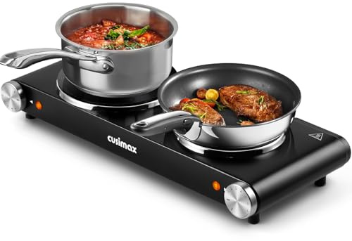 CUSIMAX Double Hot Plates Electric Burner, 1800W Countertop Cooktop with Adjustable Temperature Control, Hot Plates for Cooking Portable Electric Stove, Black Stainless Steel Cooktop, Upgraded Version