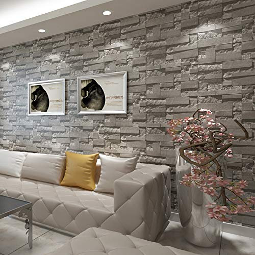 baporee Brique Empilée Papier Peint 3D en Pierre Revêtement Mural Revêtement PVC Papier Peint Fond De Mur De Brique Gris pour Salon 5.3㎡ Gris Blanc