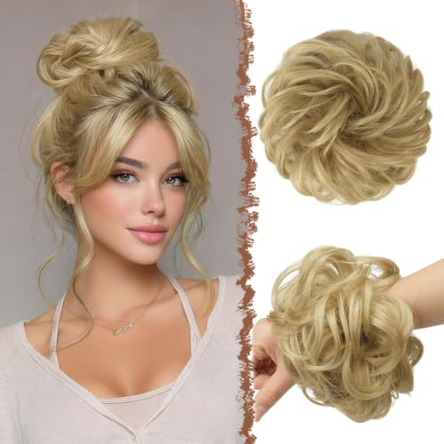 FESHFEN Haarteil Mit Gummiband, Groß Dutt Haarteil Haargummi Mit Haaren Gelockt Haardutt Synthetisch Haarverlängerung Pferdeschwanz Haarteile für Damen Mädchen, Gloden Blond 55g