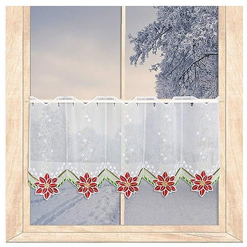 atelier alles-Spitze Weihnachts-Scheibengardine Eleganter Weihnachtsstern | Hochwertig bestickte Kurzgardine aus weißem halbtransparentem Voile | Höhe x Breite 35 x 80 cm