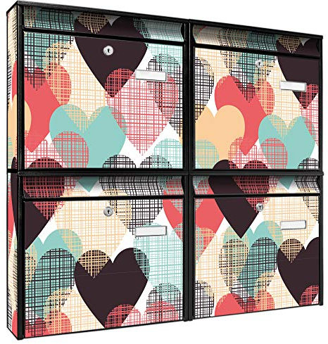 banjado Briefkastenanlage 4 Fach - Postkästen groß - verzinkter Stahl schwarz DIN A4 Motiv Unter Herzen - Briefkasten Set 4 Briefkästen Namensschild, 2 Schlüssel, Montagematerial