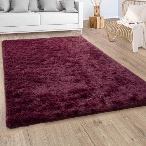 Paco Home Hochflor Teppich Wohnzimmer Fellteppich Kunstfell Shaggy Flauschig Lila, Grösse:140x200 cm