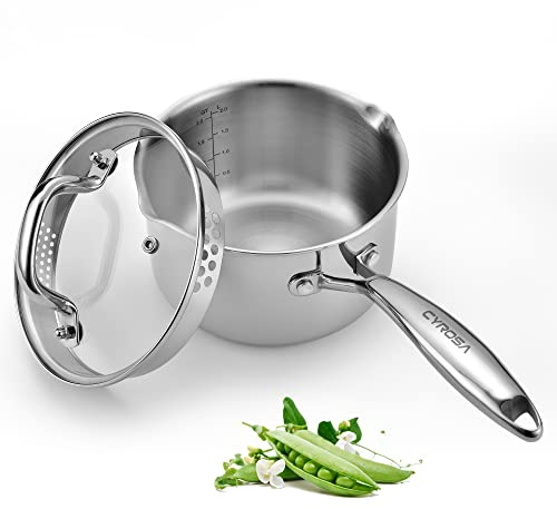 Stainless Steel Saucepan with Glass Lid, 2.0 Quart Multipurpose Sauce Pan, Sauce Pot with for Easy Pour with Ergonomic Handle