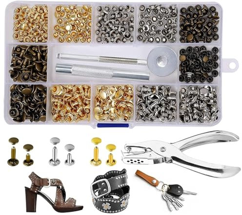 Leder Nieten Set,300 Set Metallniete Doppelkappe mit Nietenzange Lochzange Hohlnieten 12mm 8mm 6mm Nieten für Leder Nieten für Kleidung,mit 3 Werkzeug, für DIY Handwerk Reperatur Dekoration,4 Farben