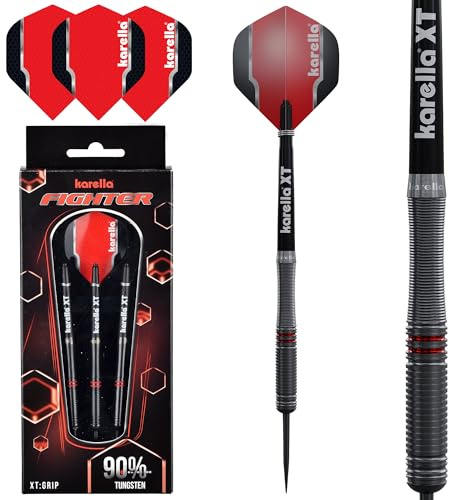Karella Steeldart Figther 90% Tungsten Steeldart, 22g oder 24g, für Klassische Dartscheibe, 3 Dartpfeile mit Metallspitze, Dartboard, Wolfram, Profidart mit Flight und Shaft