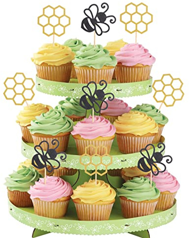 LeeLeeAn 48 Pcs Bumble Bee Cupcake Toppers - Black & Gold Glitter, Bee Themed Party/Baby Shower/Birthday Party Cupcake Decorations