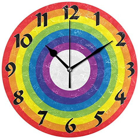 QQIAEJIA Orologio da parete rotondo con anelli annuali arcobaleno, silenzioso, senza ticchettio, a batteria, decorativo per cucina, soggiorno, camera da letto, ufficio, 10 pollici