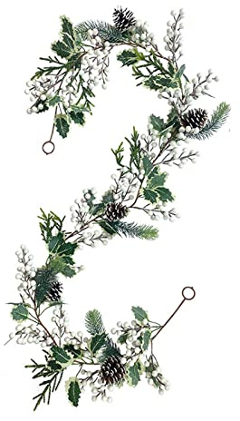 180 cm weiße Beeren Weihnachtsgirlande künstliche Beerengirlande mit Tannenzapfen und Stechpalmenblättern, Wintergrüngirlande für Weihnachten, Kaminsims, Kamin, Urlaubsdekoration