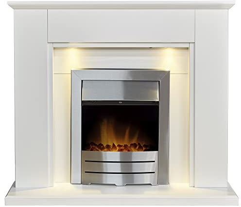 Adam Eltham Fireplace in Pure White with Downlights & Colorado Electric Fire in Brushed Steel, 45 Inch