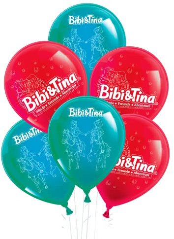 Party Factory `Bibi & Tina´ Set aus 10 türkisen und roten Latexballons, Ø25cm, verschiedene Druckmotive, für Luft oder Helium