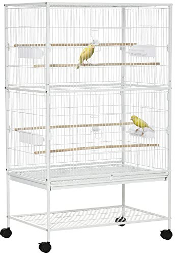 PawHut Gabbia per uccelli con ruote voliera in metallo con vassoio estraibile 4 ante 4 mangiatoie 4 grucce e scaffale di stoccaggio gabbia per canarini pappagalli 78 x 52 x 132 cm bianco