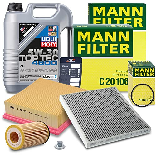 MANN-FILTER Inspektionspaket Filterset 1x Ölfilter, 1x Luftfilter, 1x Innenraumfilter (Aktivkohle), 1x Motoröl 5W-30 LIQUI MOLY Top Tec 4600 5l, 1x Ölablassschraube Kompatibel mit OPEL CORSA D (S07)