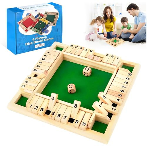 Shut the Box Classic Wooden Board Game with Dice - 4 Player Educational Travel-Friendly Fun Table Math Game for Kids & Adults