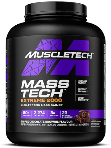 MuscleTech Extreme 2000 Mass-Gainer Proteinpulver, Muscle-Builder Molkenproteinpulver, Protein, Kreatin, Kohlenhydrate, Max-Protein Gewichtszunahme für Frauen und Männer, Dreifach-Schoko-Brownie, 6lbs