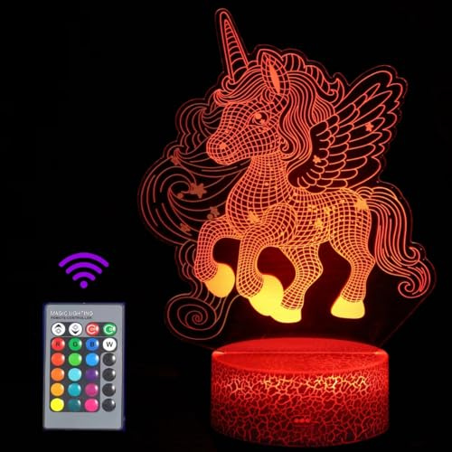 JOLLYEEP Einhorn Nachtlicht für Kinder, 3D Illusion Lampe Kinderzimmer LED Licht, Fernbedienung 16 Farbwechsel Dimmbar, Geburtstag Weihnachtsgeschenke für Mädchen Junge Wohnzimmer Schlafzimmer Dekor
