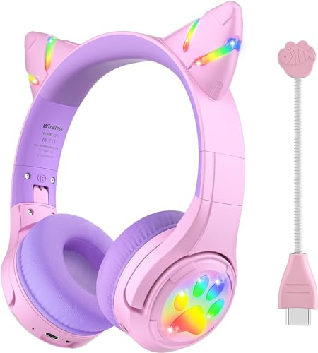 Riwbox CF9 - Cuffie Bluetooth per bambini, con orecchie di gatto, LED, microfono ad asta e integrato, volume fino a 85 dB, cuffie wireless e cablate