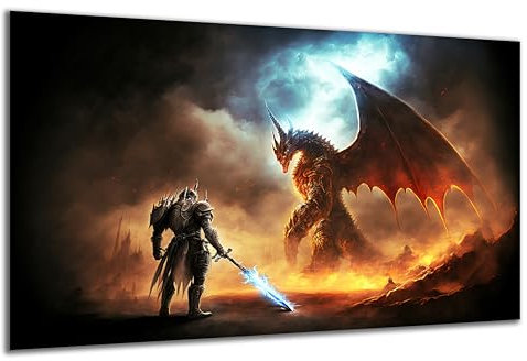 DARO Design - Wand-Bild auf 6mm HDF 30x20 cm Drache Ritter Schwert Flammen - Wand-Deko Bilder Geschenk