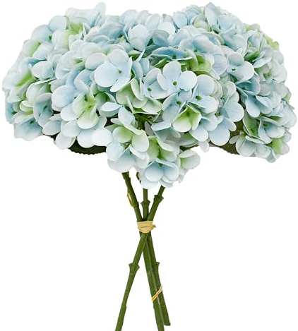 Mandy's 3 Stems Light Blue Artificial Hydrangea Flowers – 13.7” Realistic Silk Bouquet for Easter Decorations Centerpieces, Wedding & Home Decor