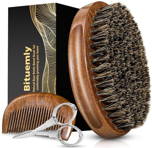 Cepillo para barba para hombre con peine de madera de sándalo, cerdas naturales de jabalí, bigote, cepillo facial (elipse)