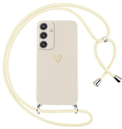 Oelrstfe Handyband für Samsung Galaxy S24 5G Hülle mit Band Herz Motiv Handyhülle für zum Umhängen Silikon Stoßfest Ultra Dünn Weich Schutzhülle mit Kordel Necklace Kette Gold Love Muster Case,Weiß