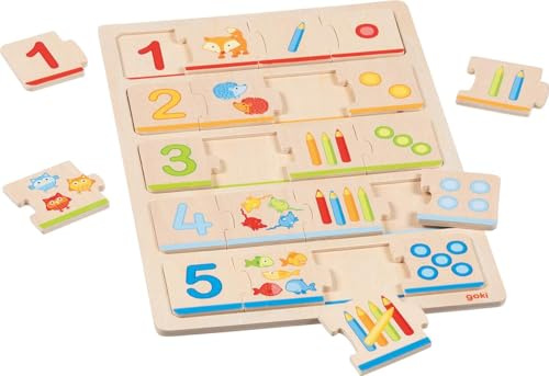 goki 57344 träpussel lär sig räkna – pedagogisk pedagogisk leksak med djur, pennor och punkter – främjar matematiska färdigheter och finmotorik, siffror 1 till 5, 21 x 30 cm, set om 20, från 2 år