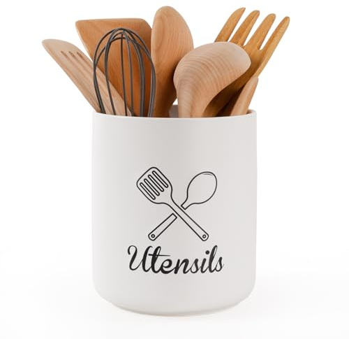 INGOFIN Utensil Holder, Ceramic Kitchen Utensil Holder for Cutlery and Utensils, Utensil Organizer for Kitchen Countertop, Cooking Utensil Crock with Relief Carving, 7.5 Inch, White, Set of 1