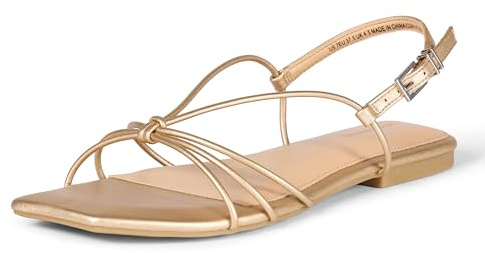Amazon Essentials Women's Strappy Flat Sandals, Gold Faux Leather, 8