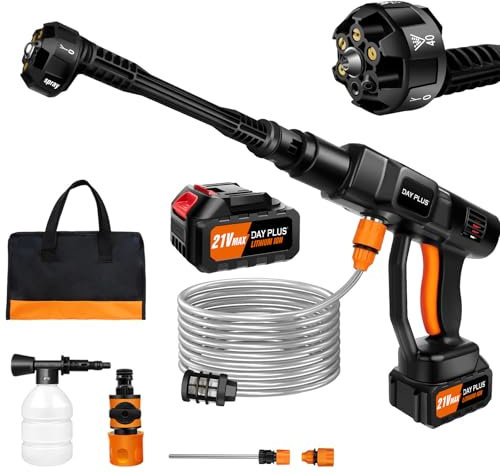 Pressure Washer Gun Cordless, 21V 45Bar High Pressure Power Washer Gun with 3.0Ah Battery and Charger, 6-in-1 Nozzle & Accessories Kit, Protable Jet Washers/Pressure Washers for Patio and Car