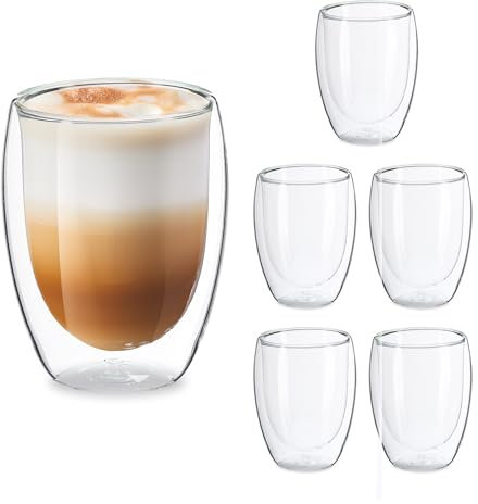 Relaxdays Vasos de Doble Pared para Latte Macchiato, Set de 6, Vidrio, 350 ml, Aptos para Lavavajillas, Transparente